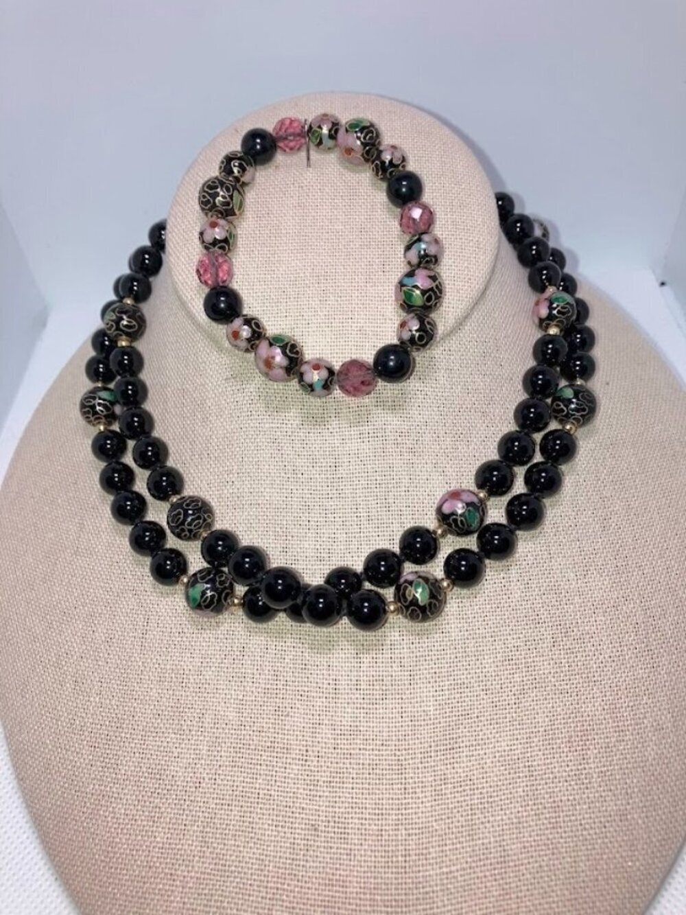China Export Black Onyx Cloisonné Enamel Beads Knotted Necklace With Bracelet